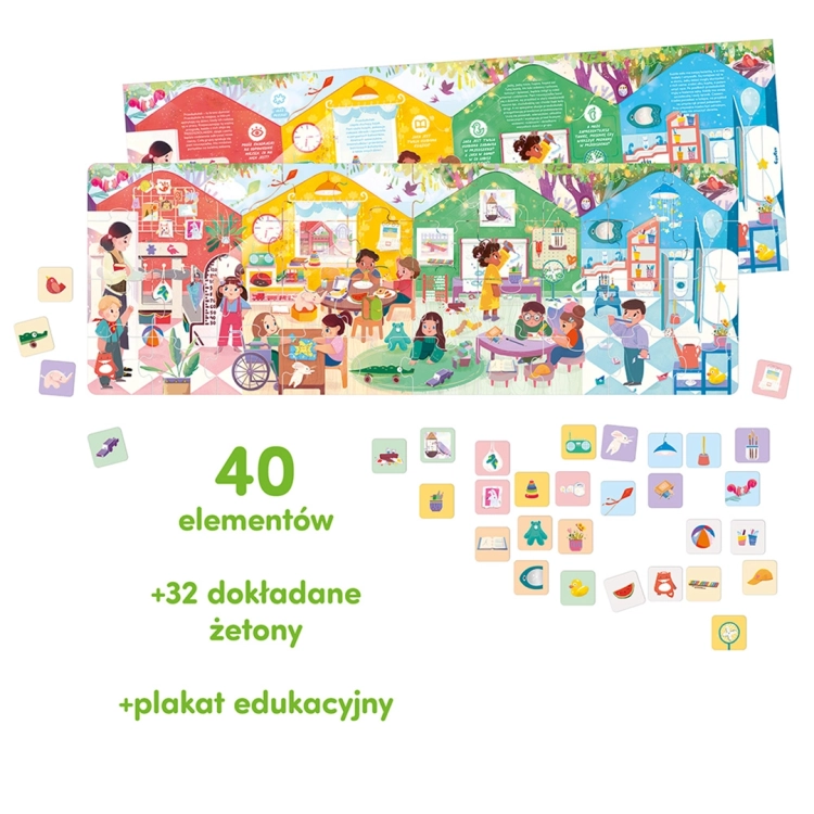 Zestaw zawiera 40 puzzli tworzących panoramę przedszkola, 32 dodatkowe żetony z przedmiotami oraz duży plakat edukacyjny z ciekawostkami.