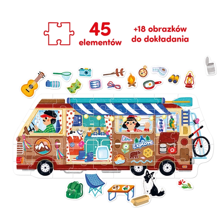 Zestawienie ułożonych puzzli kampera z 18 dodatkowymi elementami do dokładania. Widoczny napis „45 elementów”.