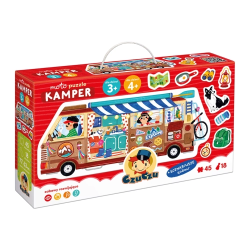 Zdjęcie produktowe przodu opakowania puzzli CzuCzu Moto Puzzle Kamper z rączką do przenoszenia.