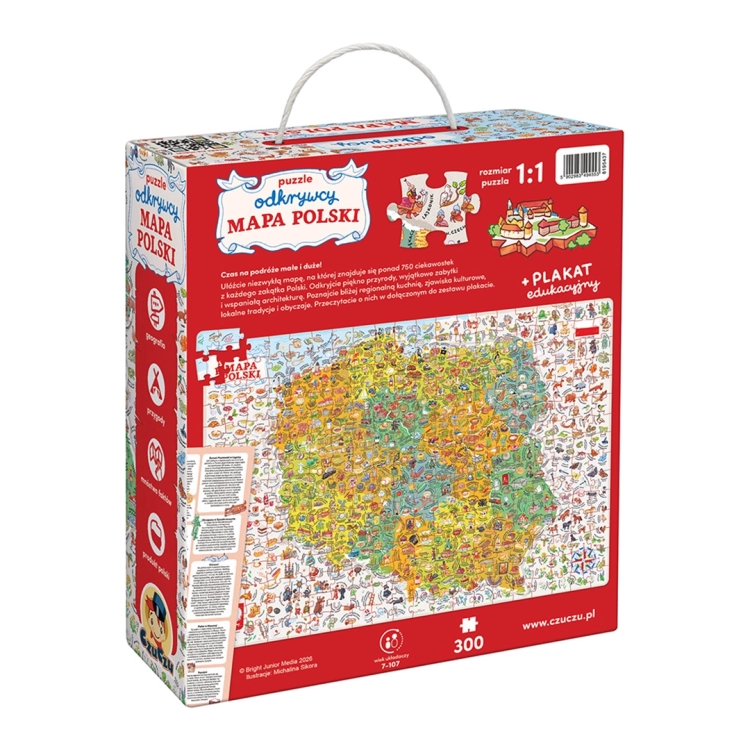 Tył opakowania puzzli z opisem produktu, informacją o dołączonym plakacie edukacyjnym oraz grafiką prezentującą skalę puzzli 1:1.