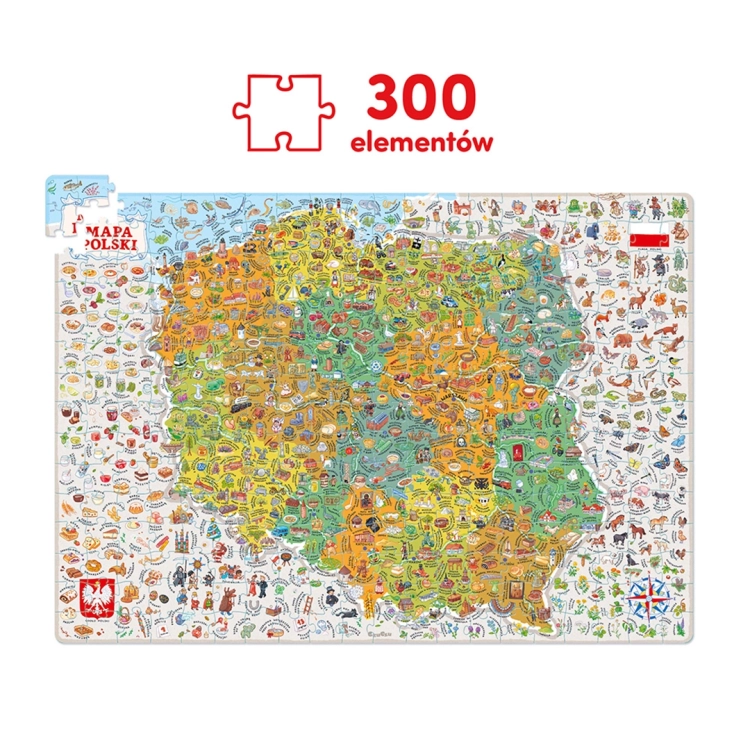 Kompletny wzór ułożonych puzzli Mapa Polski z widocznym napisem „300 elementów” i charakterystyczną biało-czerwoną flagą.