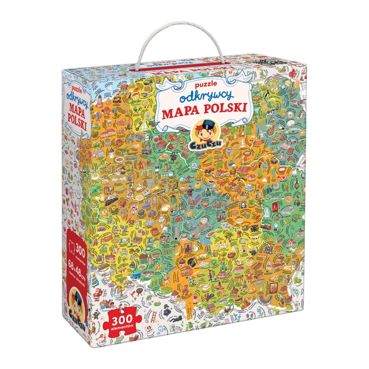 Widok z przodu na estetyczne pudełko puzzli CzuCzu Odkrywcy Mapa Polski 7+, pokazujący bogactwo detali i kolorystykę zabawki.