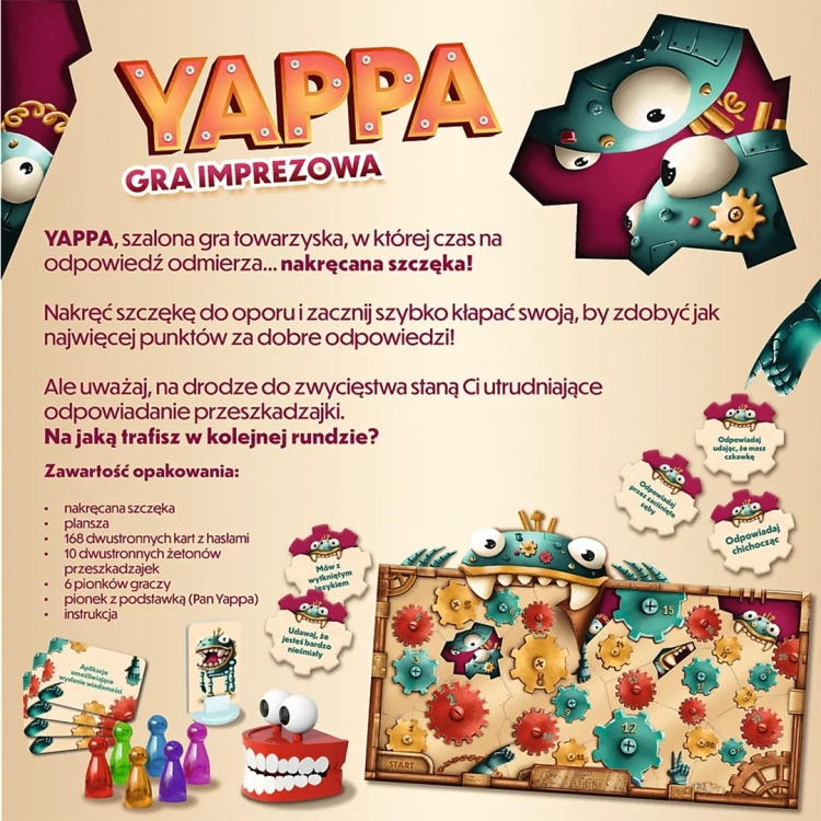 Tył opakowania gry Yappa z opisem zasad, listą elementów oraz grafikami prezentującymi przebieg szalonej rozgrywki towarzyskiej.
