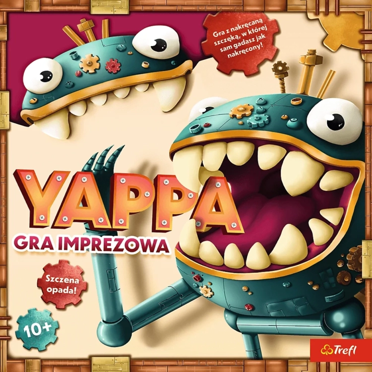 Front pudełka gry Yappa marki Trefl. Zbliżenie na kolorową grafikę z uśmiechniętym robotem-potworem i dynamicznym napisem "Gra Imprezowa".