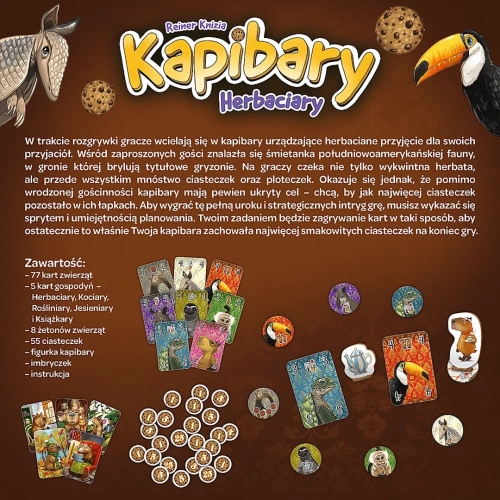 Tył pudełka gry Kapibary Herbaciary z opisem fabuły, celem gry i listą elementów zestawu.