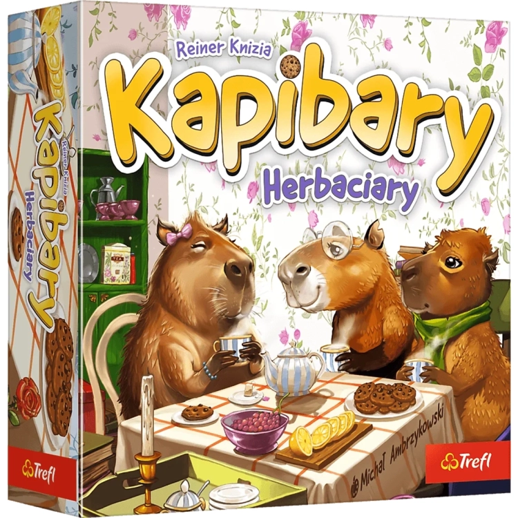 Przód pudełka gry Kapibary Herbaciary autorstwa Rainera Knizi; trzy kapibary pijące herbatę.