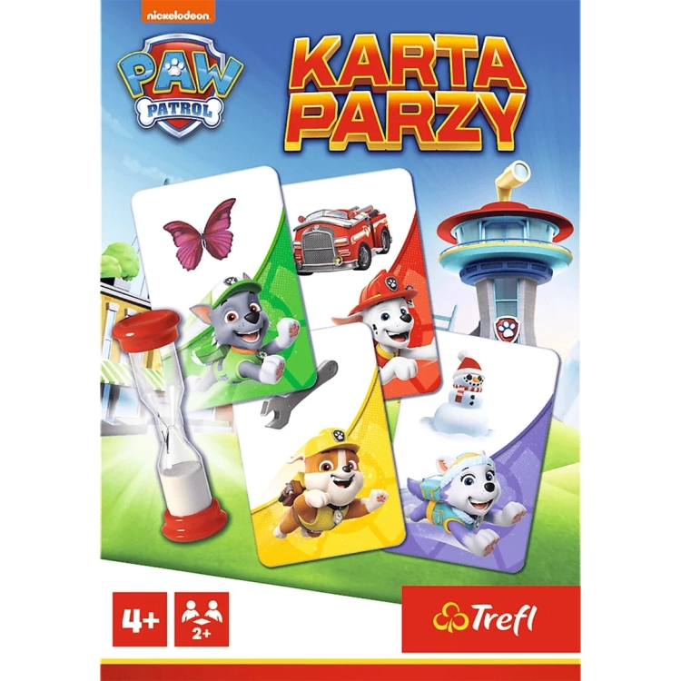 Frontowa strona opakowania gry podróżnej Karta Parzy Psi Patrol Trefl. Widoczne logo bajki, wieża obserwacyjna i pieski.