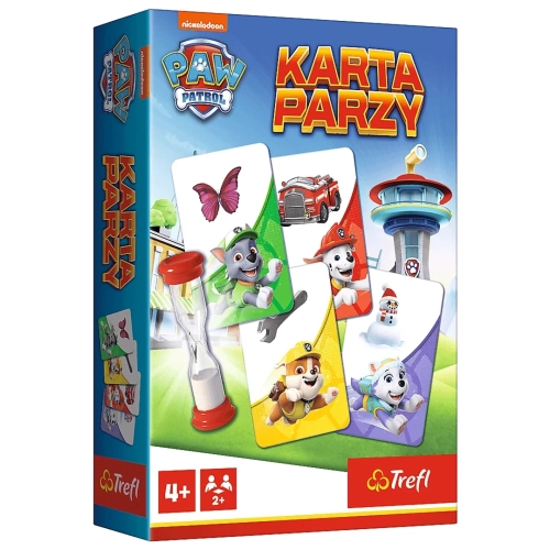 Pudełko gry Karta Parzy Psi Patrol marki Trefl. Na opakowaniu pieski Rocky, Marshall, Rubble i Everest oraz klepsydra.