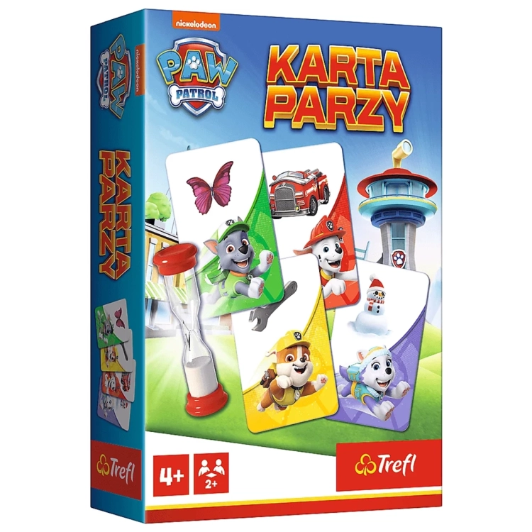 Pudełko gry Karta Parzy Psi Patrol marki Trefl. Na opakowaniu pieski Rocky, Marshall, Rubble i Everest oraz klepsydra.