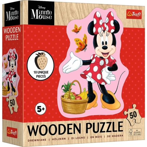 Pudełko drewnianych puzzli Trefl z Myszką Minnie przy koszu owoców. Czerwone tło w kropki, informacja o 50 elementach i wieku 5+.