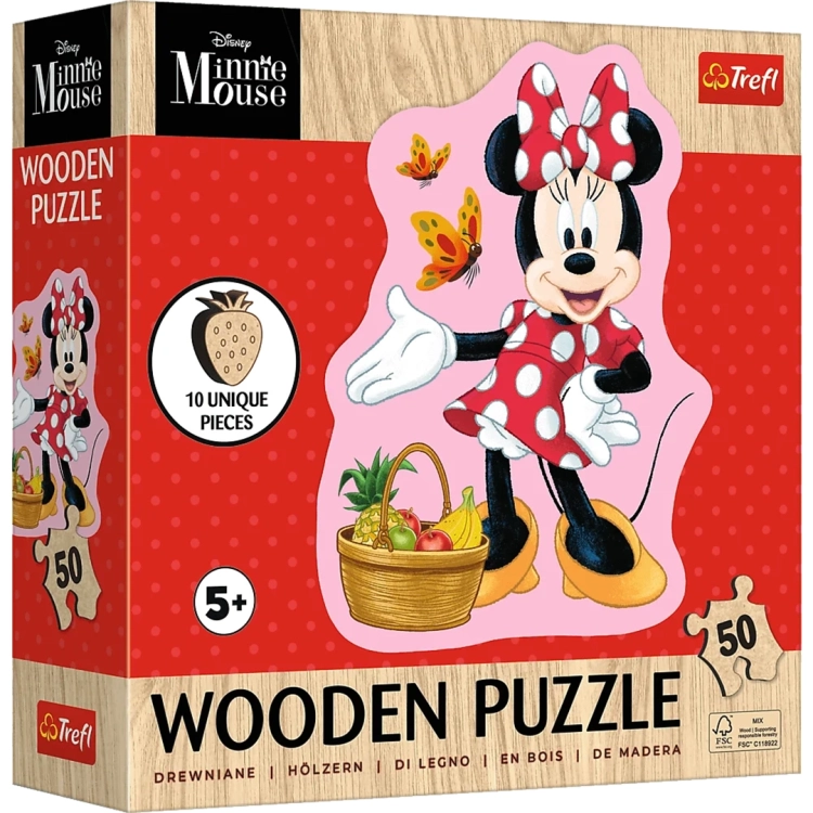 Pudełko drewnianych puzzli Trefl z Myszką Minnie przy koszu owoców. Czerwone tło w kropki, informacja o 50 elementach i wieku 5+.