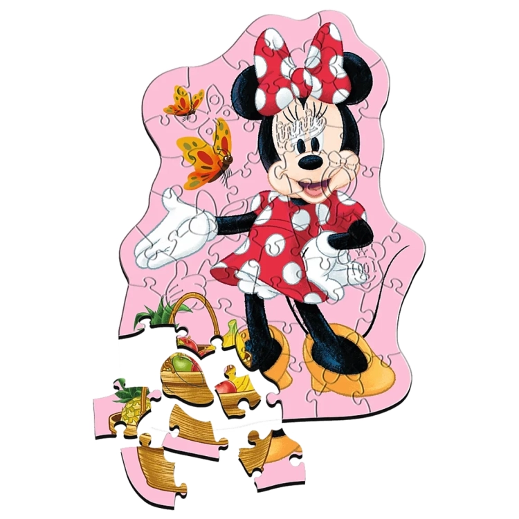 Ułożone drewniane puzzle o nieregularnym kształcie przedstawiające Myszkę Minnie. Widoczne linie cięcia i specjalne figurki, np. w kształcie motyla.