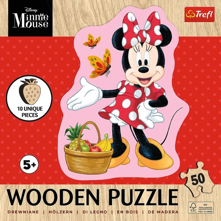Przód opakowania puzzli "Wesoła Minnie". Grafika pokazuje Minnie z motylkami i koszykiem. Napisy w kilku językach na tle imitującym drewno.