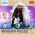Front opakowania drewnianych puzzli Trefl Frozen. Grafika przedstawia uśmiechnięte postacie z bajki. Na dole duży napis Wooden Puzzle, z boku oznaczenie wieku 5+ oraz liczba elementów 50.