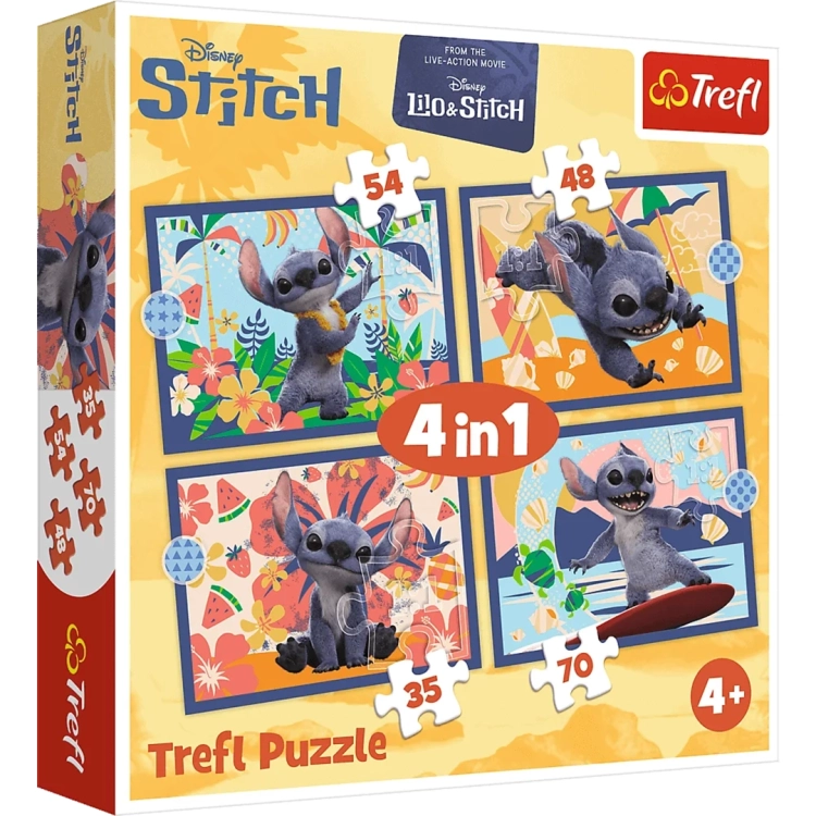 Pudełko puzzli Trefl 4w1 z Richem (Stitchem) z filmu aktorskiego. Widoczne cztery obrazki o różnej liczbie elementów: 35, 48, 54 i 70. Logotypy Disney Stitch i Trefl.