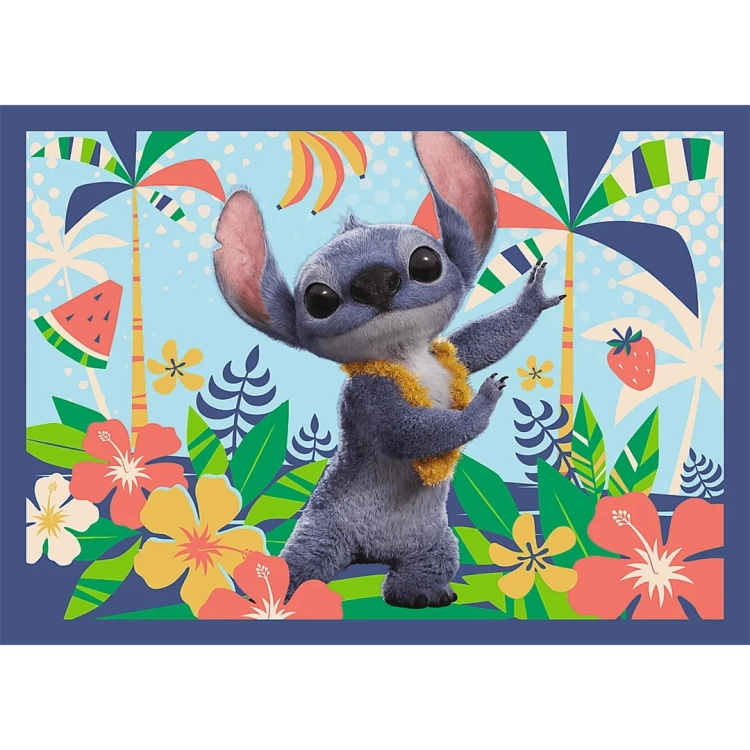 Kolorowa ilustracja puzzli przedstawiająca Stitcha w hawajskim naszyjniku z kwiatów (lei). Tło z palmami, arbuzami i egzotycznymi kwiatami w pastelowych barwach.