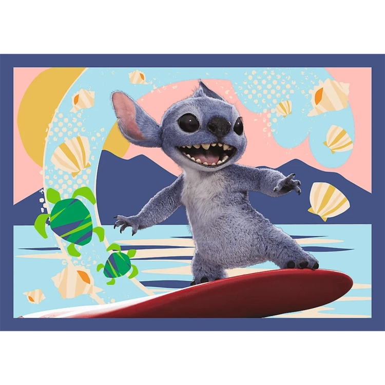 Ilustracja puzzli przedstawiająca Stitcha surfującego na czerwonej desce. W tle błękitna fala, żółte muszelki, zielone żółwie morskie i zarys gór.