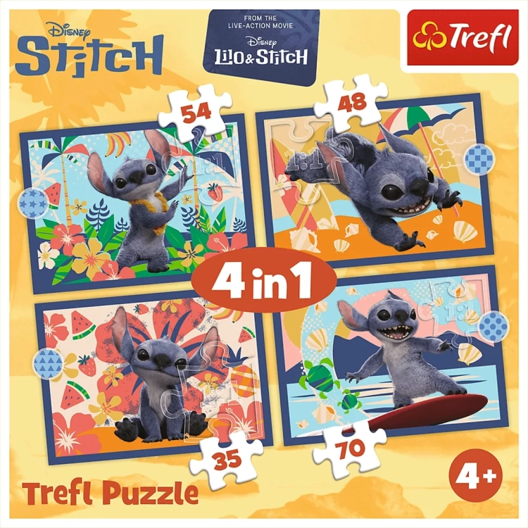 Widok na front opakowania puzzli Trefl "Wakacje na Hawajach" 4w1. Produkt dedykowany dla dzieci powyżej 4 roku życia, z grafikami z filmu live-action Lilo & Stitch.