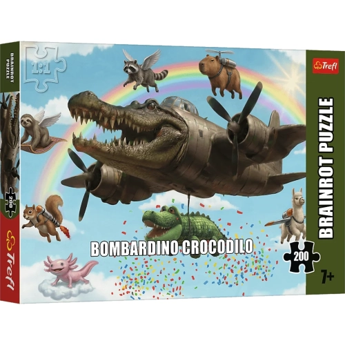 Puzzle Trefl BrainRots Bombardino Crocodilo 200 elementów. Opakowanie przedstawia krokodyla-samolot w otoczeniu latających zwierząt: kapibary, szopa i lamy na tle tęczy. Wiek 7+.