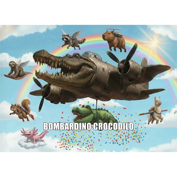 Grafika puzzli Bombardino Crocodilo: gigantyczny krokodyl jako bombowiec, lecąca kapibara z helikopterem, lama z odrzutowcem i aksolotl na chmurce. Kolorowa, surrealistyczna scena z tęczą.