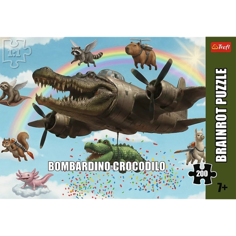 Widok na pudełko puzzli Trefl z serii BrainRot. Centralny punkt to napis „BOMBARIDNO CROCODILO”. Po bokach oznaczenia: 200 elementów, skala 1:1 oraz sugerowany wiek użytkownika 7+.