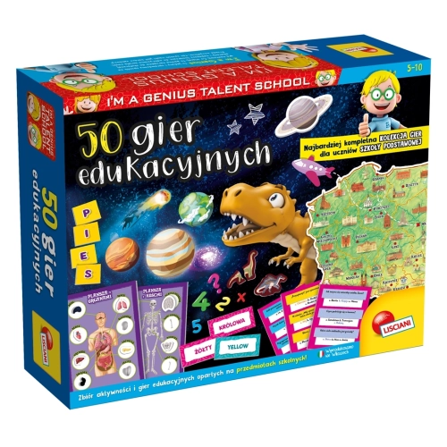 Opakowanie gry Lisciani „50 gier edukacyjnych”. Kolorowe pudełko przedstawia dinozaura, planety, mapę Polski oraz elementy zestawu do nauki m.in. anatomii, przyrody i języka angielskiego.