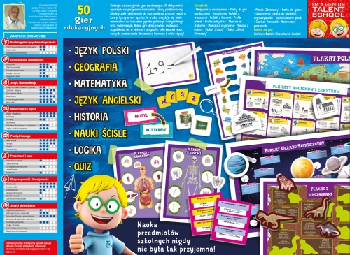 Tył opakowania gry z listą przedmiotów szkolnych i tabelą wartości edukacyjnych. Widoczne elementy zestawu: plansze z organami i kośćmi, plakaty o kosmosie i dinozaurach oraz karty do quizów.