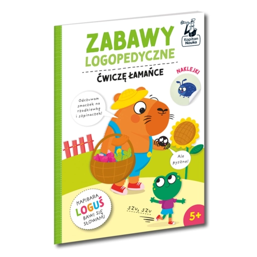 Okładka książki Zabawy logopedyczne Kapibara Loguś Ćwiczę łamańce dla dzieci 5+.