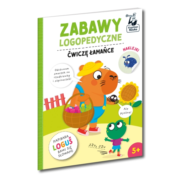 Okładka książki Zabawy logopedyczne Kapibara Loguś Ćwiczę łamańce dla dzieci 5+.