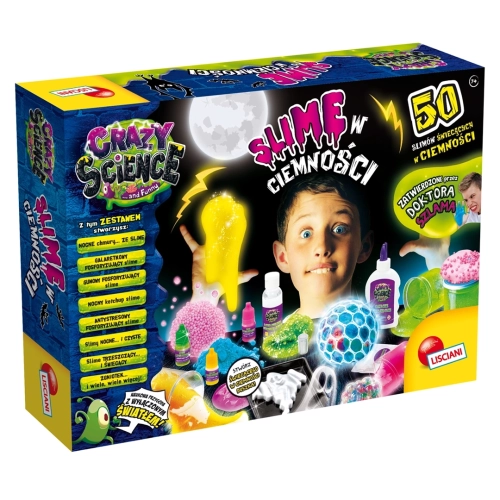 Opakowanie zestawu naukowego Lisciani Crazy Science Slime w ciemności dla dzieci od 7 lat.