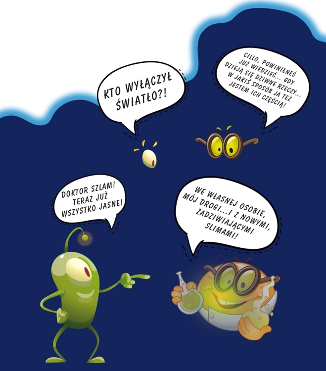 Komiksowa ilustracja z bohaterami serii Crazy Science: Cillo i Doktorem Szlamem, rozmawiającymi o świecących slimach.