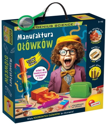 Pudełko zestawu I'm a Genius Manufaktura Ołówków Lisciani z radosnym chłopcem i kolorowymi akcesoriami.