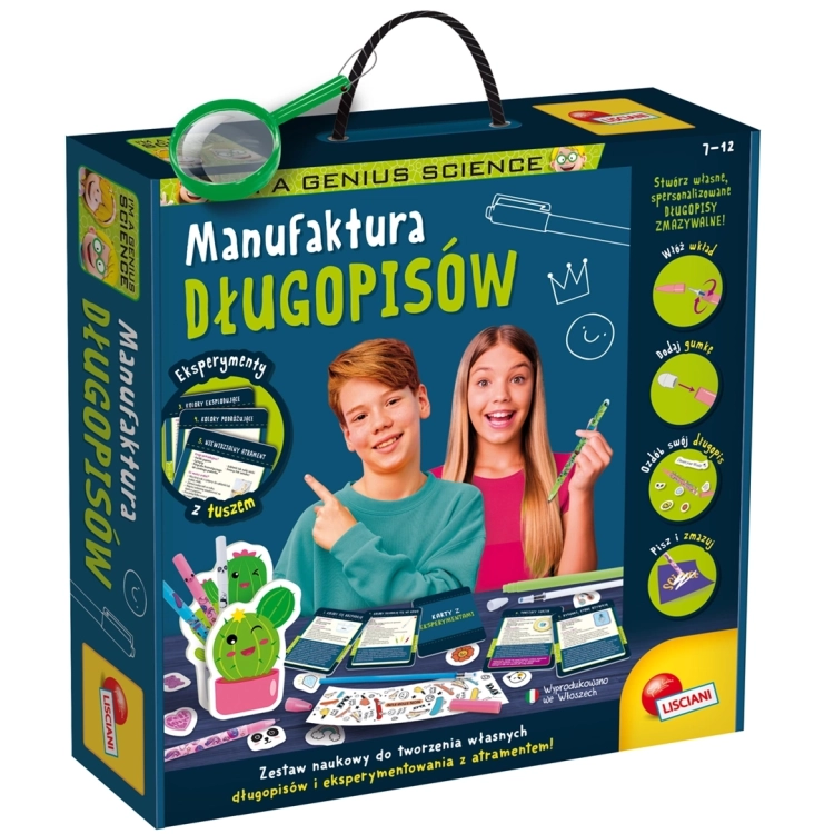 Opakowanie zestawu Lisciani I'm a Genius Manufaktura Długopisów dla dzieci 7-12 lat.
