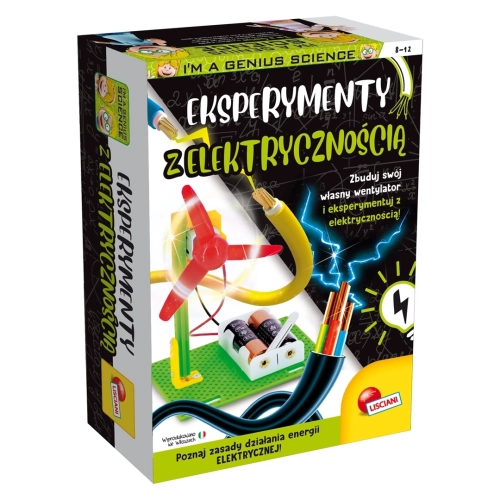 Opakowanie zestawu naukowego Lisciani I'm a Genius Eksperymenty z elektrycznością dla dzieci w wieku 8-12 lat.