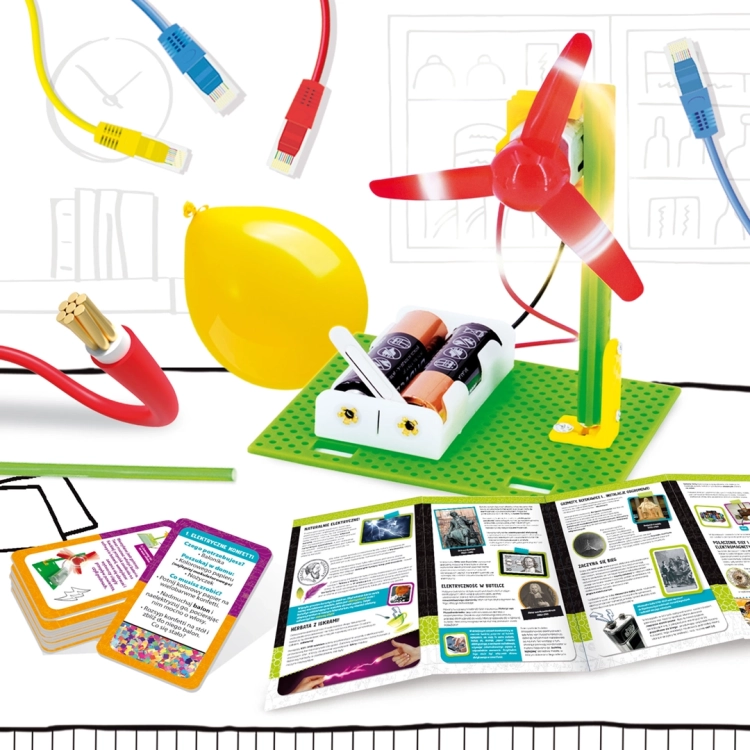 Elementy zestawu I'm a Genius: zbudowany wentylator na baterie, karty z eksperymentami, balon i edukacyjna broszura.