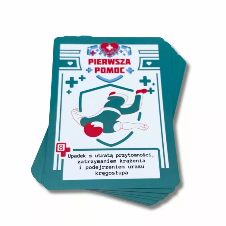 Karta z gry BeGame Pierwsza Pomoc z opisem sytuacji: upadek z utratą przytomności i urazem kręgosłupa.