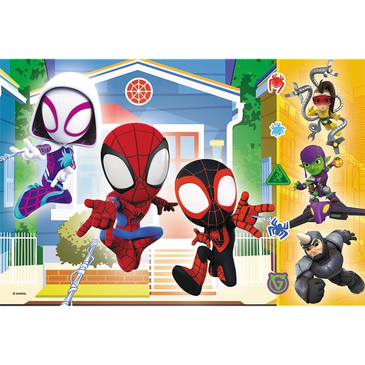 Kolorowy obrazek puzzli przedstawiający Spideya, Ghost-Spider i Milesa Moralesa.