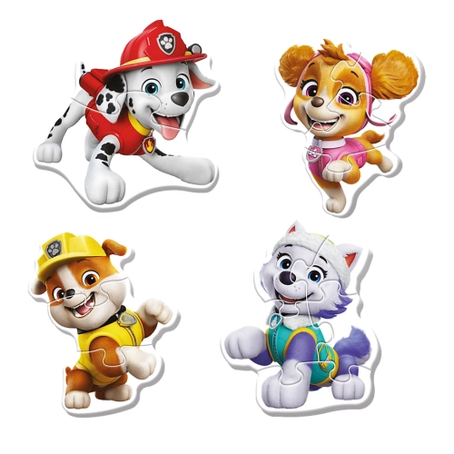 Cztery ułożone puzzle Baby Classic Trefl przedstawiające pieski z Psiego Patrolu: Marshalla, Skye, Rubble'a i Everest na białym tle.