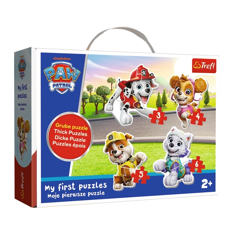 Opakowanie puzzli Trefl Baby Classic Kochane Pieski dla dzieci od 2 lat. Pudełko z rączką pokazuje zawartość zestawu i logo Psi Patrol.