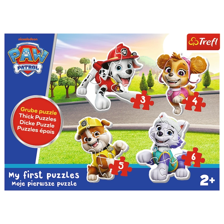 Front pudełka puzzli Trefl Moje pierwsze puzzle z bohaterami bajki Psi Patrol. Widoczne cztery układanki o różnym stopniu trudności.