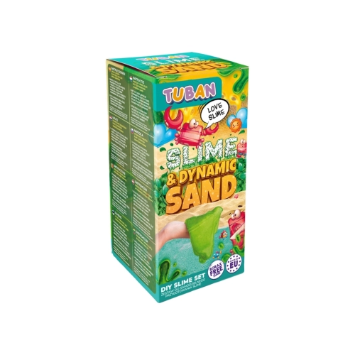Pudełko zestawu kreatywnego Tuban Slime i Piasek Dynamiczny pokazane z boku, prezentujące wielojęzyczne instrukcje i oznaczenie Borax Free.