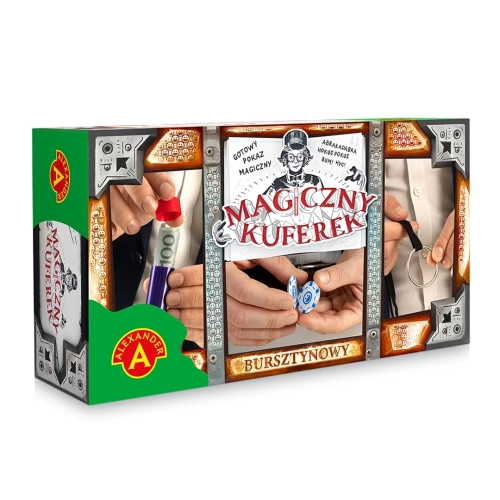 Kolorowe pudełko gry „Magiczny kuferek – bursztynowy” marki Alexander. Na opakowaniu ilustracje sztuczek magicznych, rysunek iluzjonisty i logo serii.