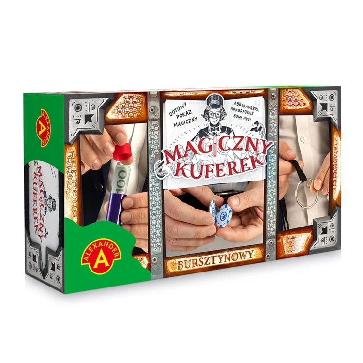 Kolorowe pudełko gry „Magiczny kuferek – bursztynowy” marki Alexander. Na opakowaniu ilustracje sztuczek magicznych, rysunek iluzjonisty i logo serii.