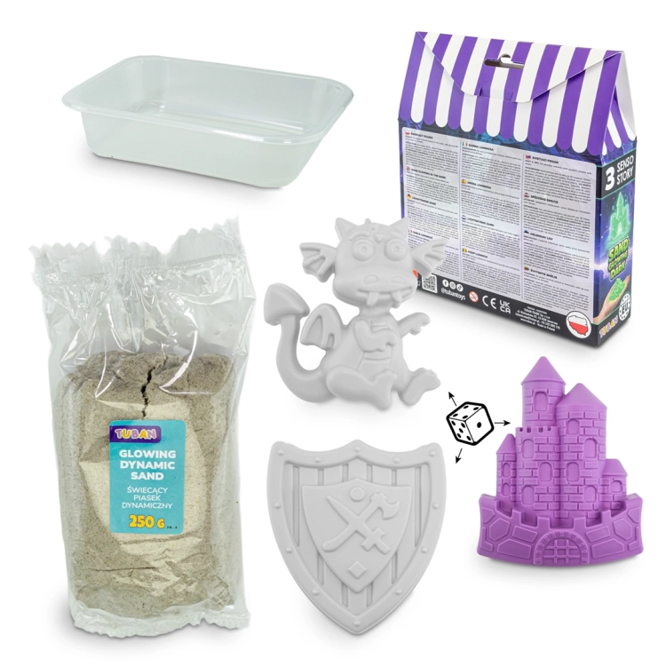 Zawartość zestawu piasku Tuban: woreczek z piaskiem 250g, plastikowa kuweta, fioletowa foremka zamku, szare foremki smoka i tarczy, kostka do gry oraz opakowanie.
