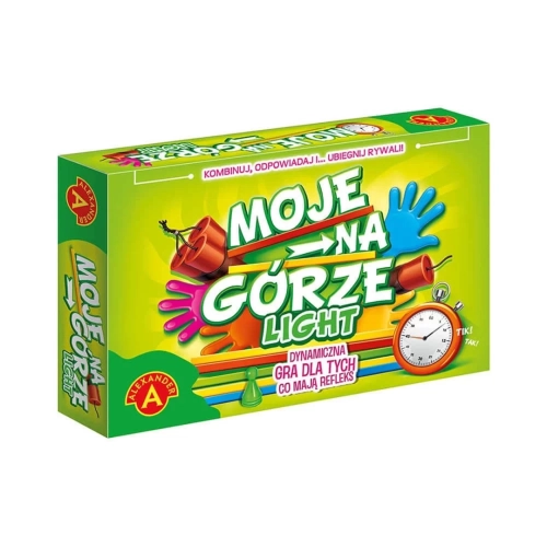 Zielone pudełko gry planszowej „Moje na górze Light” firmy Alexander. Na opakowaniu widnieje kolorowy tytuł gry, grafiki kolorowych dłoni, dynamitu, stopera oraz zielona pionek.