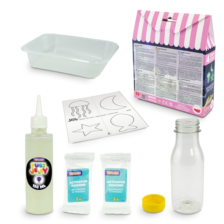 Zawartość zestawu Sensory Jelly Glow Tuban rozłożona na białym tle: przezroczysta butelka z żółtą zakrętką, plastikowa miska, żel Tubi Jelly w płynie, dwa aktywatory w proszku, szablon z wzorami do wycięcia oraz tył opakowania produktu.