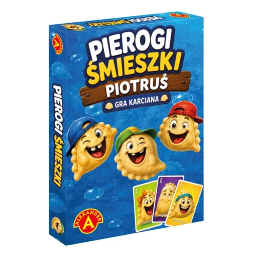 Niebieskie opakowanie gry karcianej dla dzieci Pierogi Śmieszki Piotruś marki Alexander
