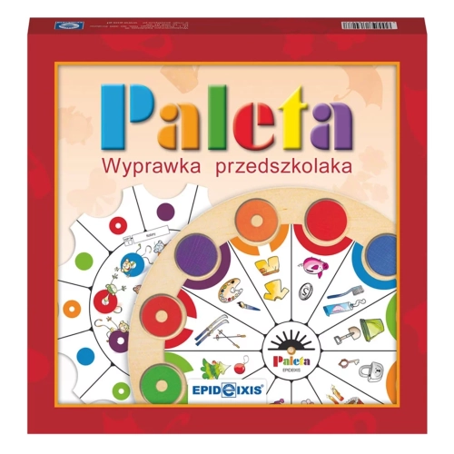 Pudełko zestawu edukacyjnego Paleta Wyprawka przedszkolaka Epideixis 4+ z grafiką tarcz i klocków.