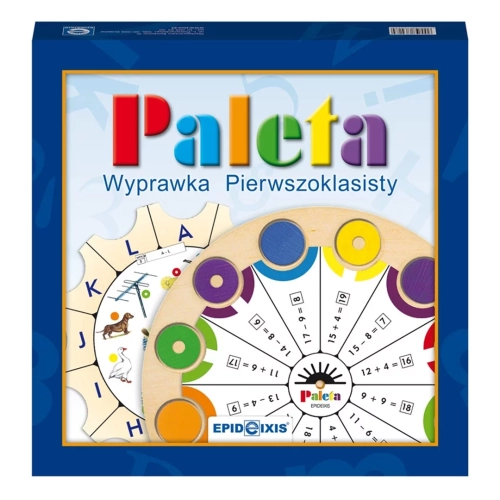 Opakowanie zestawu edukacyjnego Paleta Wyprawka Pierwszoklasisty Epideixis z drewnianą tarczą i kartami zadań.