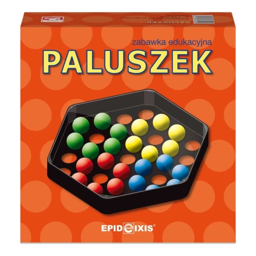 Pomarańczowe opakowanie zabawki edukacyjnej Paluszek Epideixis z widocznym przezroczystym pudełkiem pełnym kolorowych kulek.
